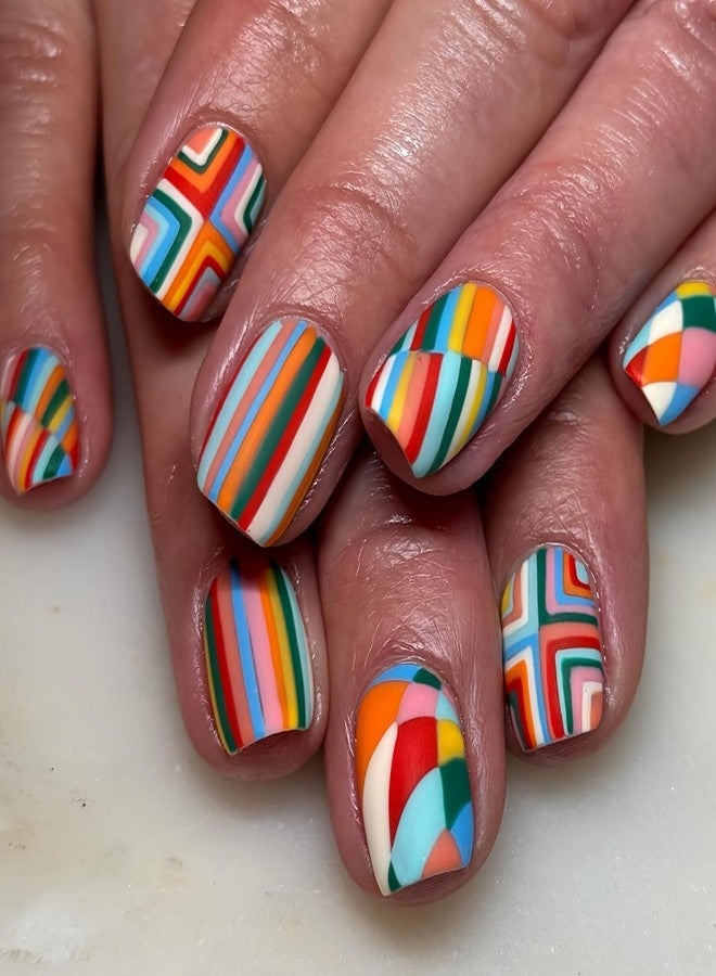 OCOUYVD 24 Pcs Press on Nails Short Rainbow Fake Nails Square False Nails Design Colorful Stripes and lozenge Designs Glossy Artificial Nail Art Reusable Stick on Nails Kit for Women - 24 Pcs in 12 Sizes - Image 1